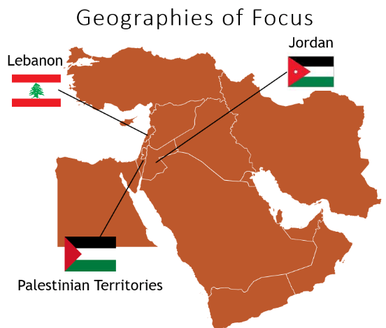 Geographies of focus infographic showing a map of Palestine, Jordan and Lebanon